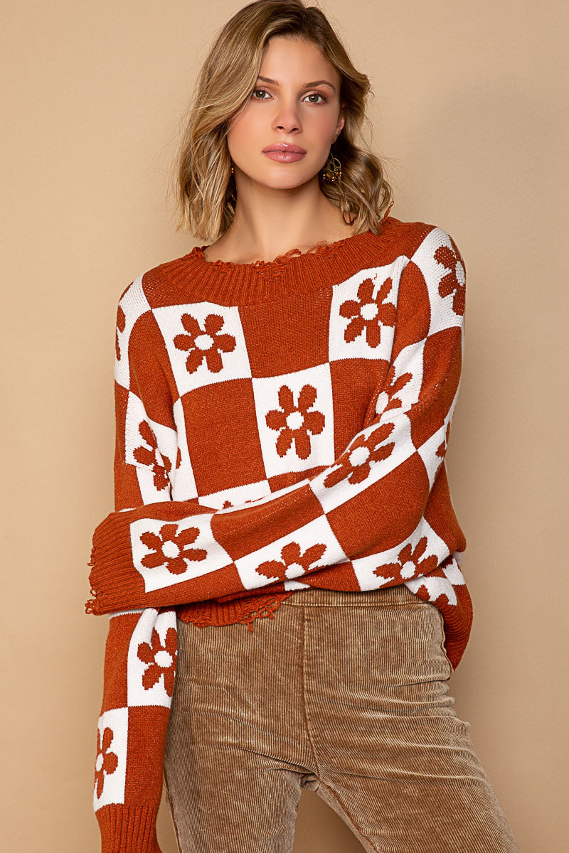 Camel/White Flower Colorblock Distressed Sweater Final Sale