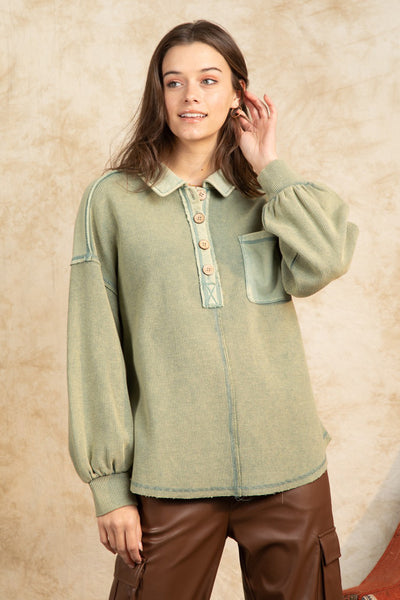 Curvy Sage Button Down Collared Washed Top