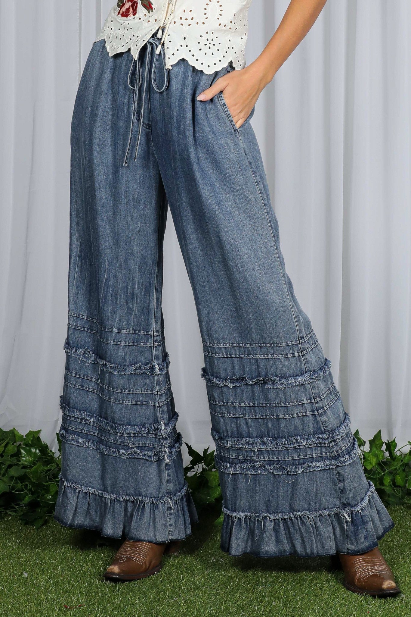Flared Ruffle Hem Washed Chambray Crop Denim Pants – Magnolia Too