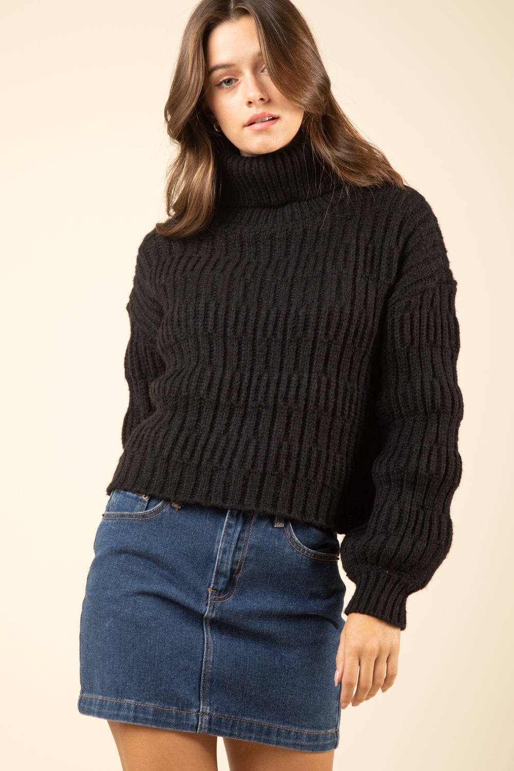 Black Turtle Neck Textured Knit Sweater Top Final Sale