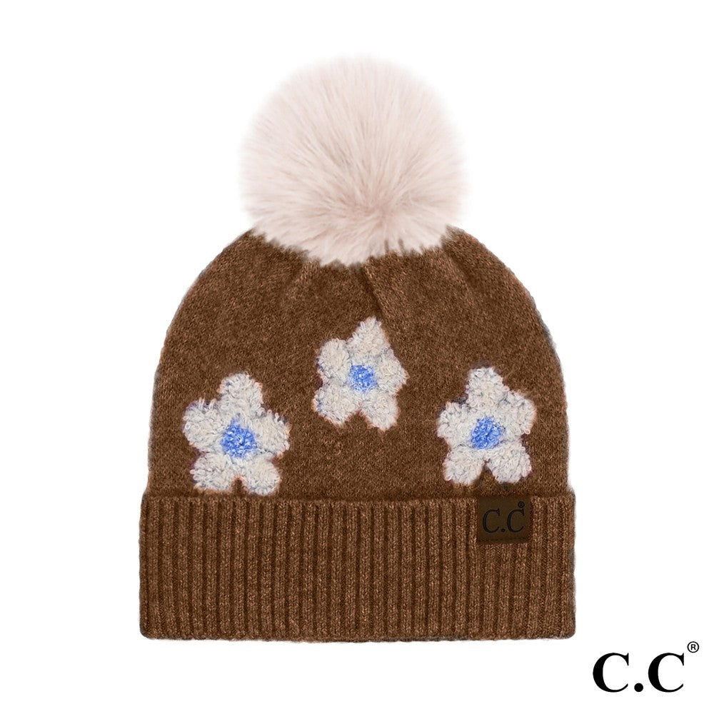 Daisy Pattern Heathered Beanie With Pom (4 Colors)