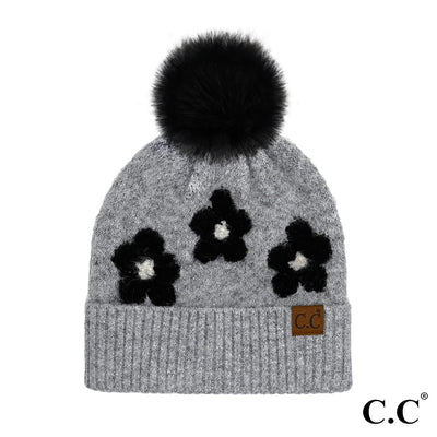 Daisy Pattern Heathered Beanie With Pom (4 Colors)