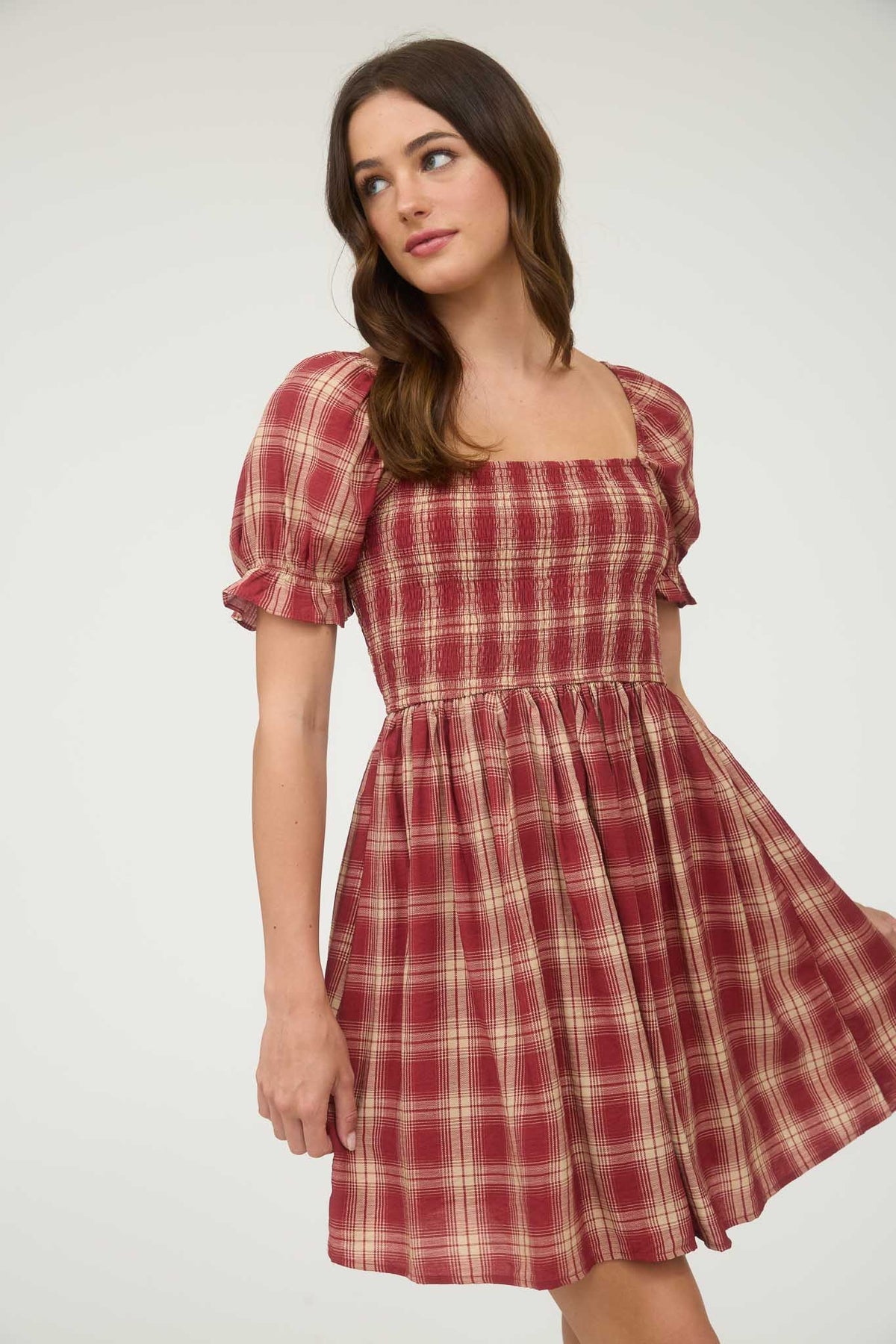 burgundy tartan dress Little Miss Plaid Raw Hem Mini Dress Burgundy Multi main image 0