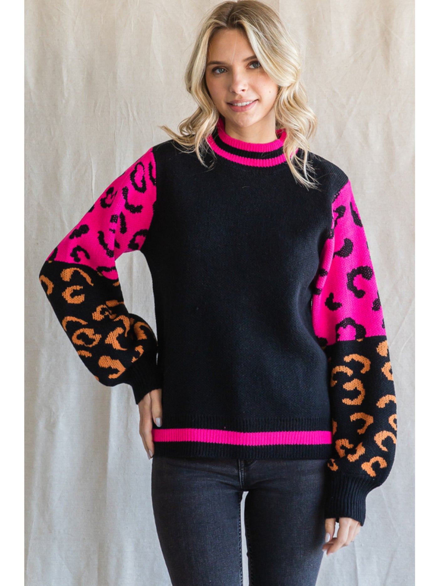 Curvy Colorblock Leopard Print Knit Sweater FINAL SALE