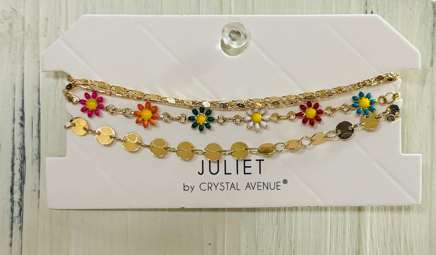 Multi Colored Flower and Gold Chain Layered Bracelet