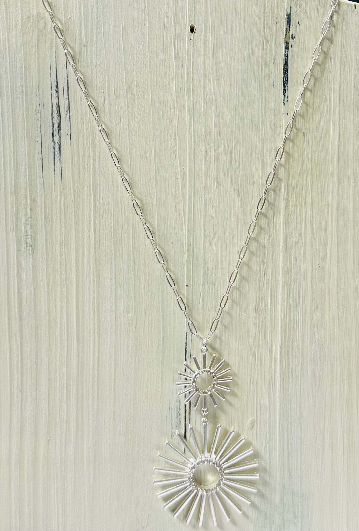 Silver Sunburst Necklace Set w/Rhinestone Drop
