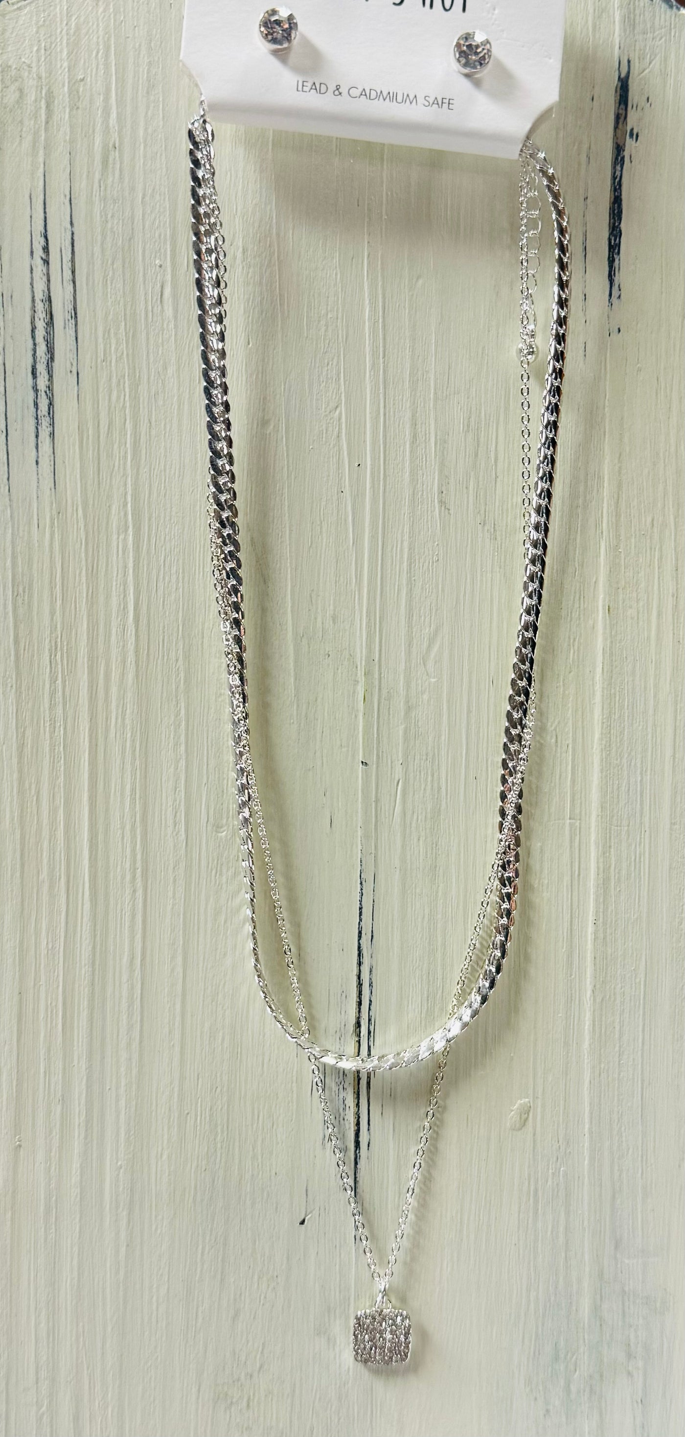 Silver Textured Snake Chain and Rhinestone Square Pendant Necklace