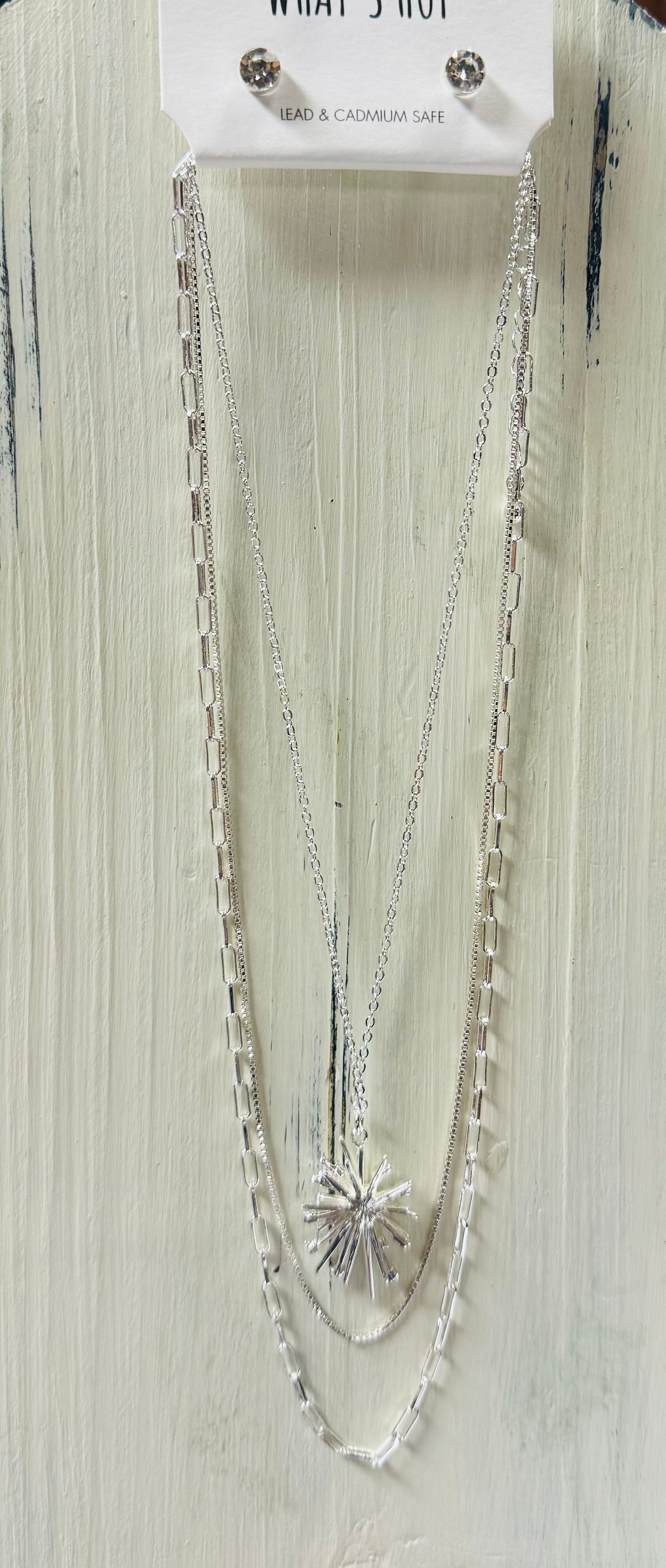 Silver Rhinestone Sunburst w/Layered Chains Necklace Set