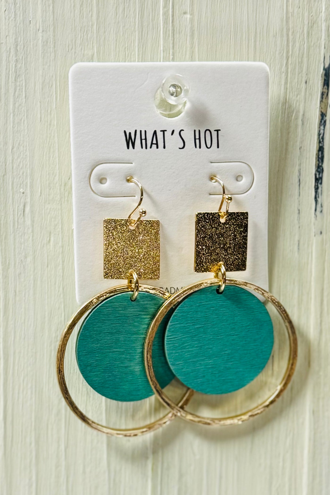 Gold Textured Square w/Wood Circle Earrings (2 Colors)