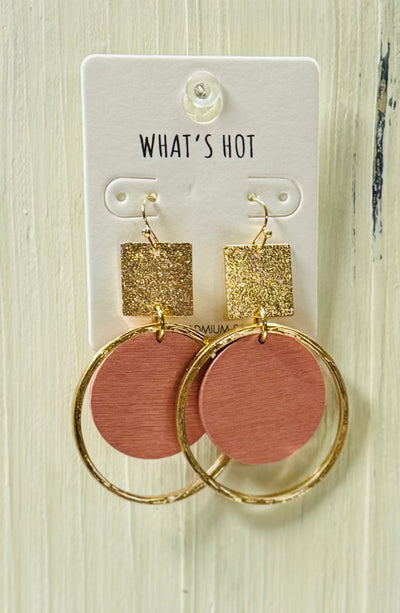 Gold Textured Square w/Wood Circle Earrings (2 Colors)