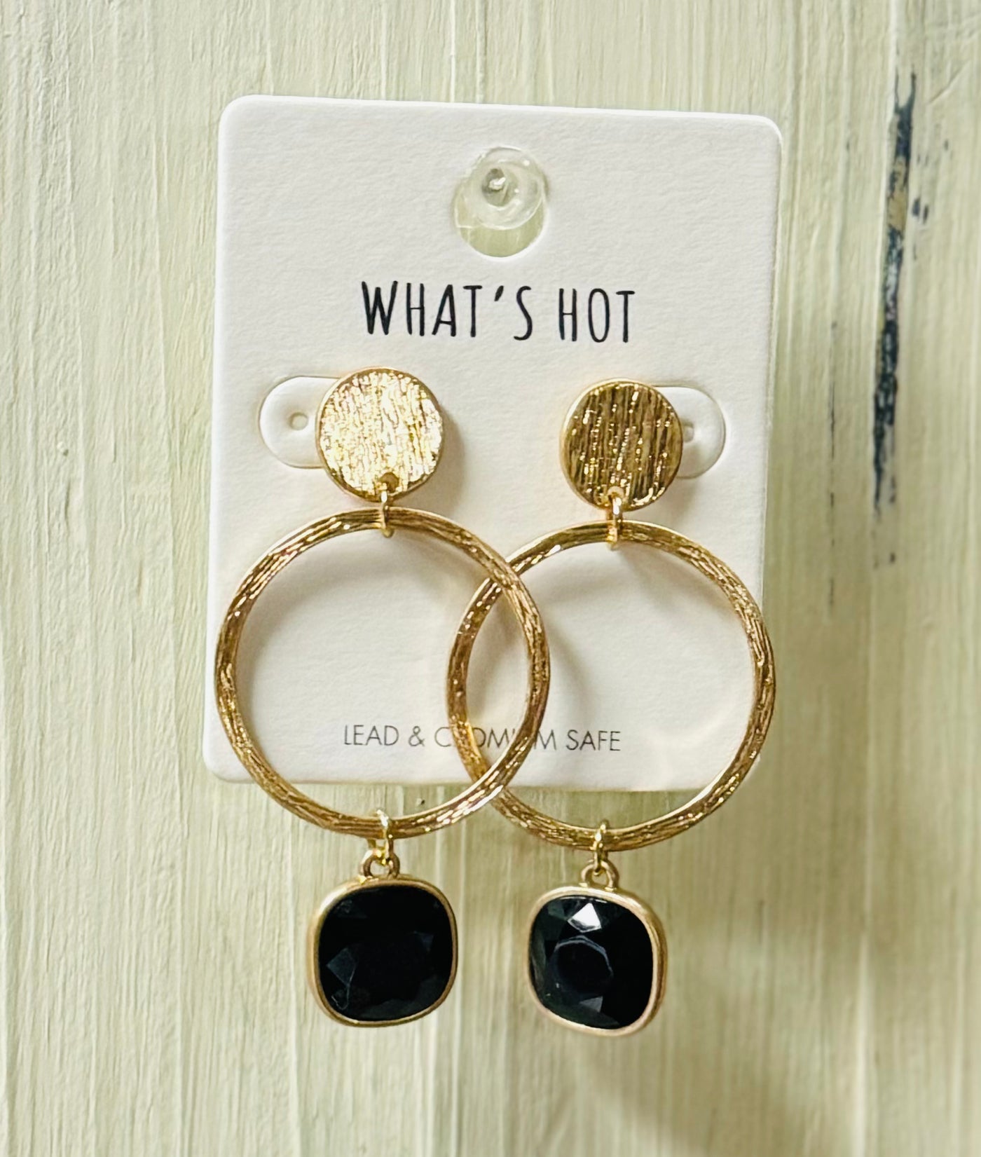 Worn Gold Open Circle w/Black Stone Accent Earring