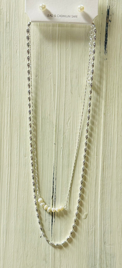 Gold or Silver Oval and Freshwater Pearl Layered Necklace Set