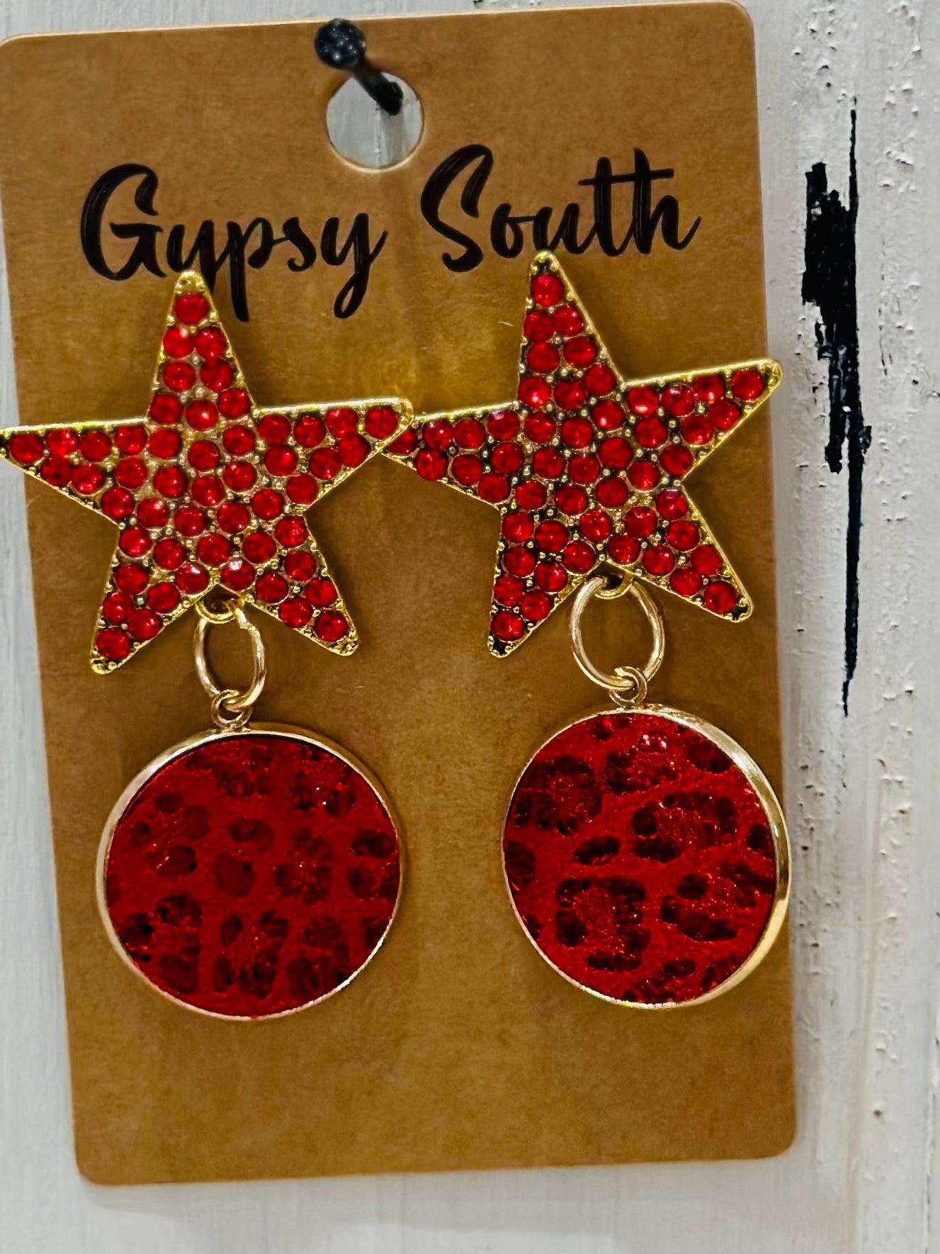 Gypsy South Red Rhinestone Star Dangle Earrings
