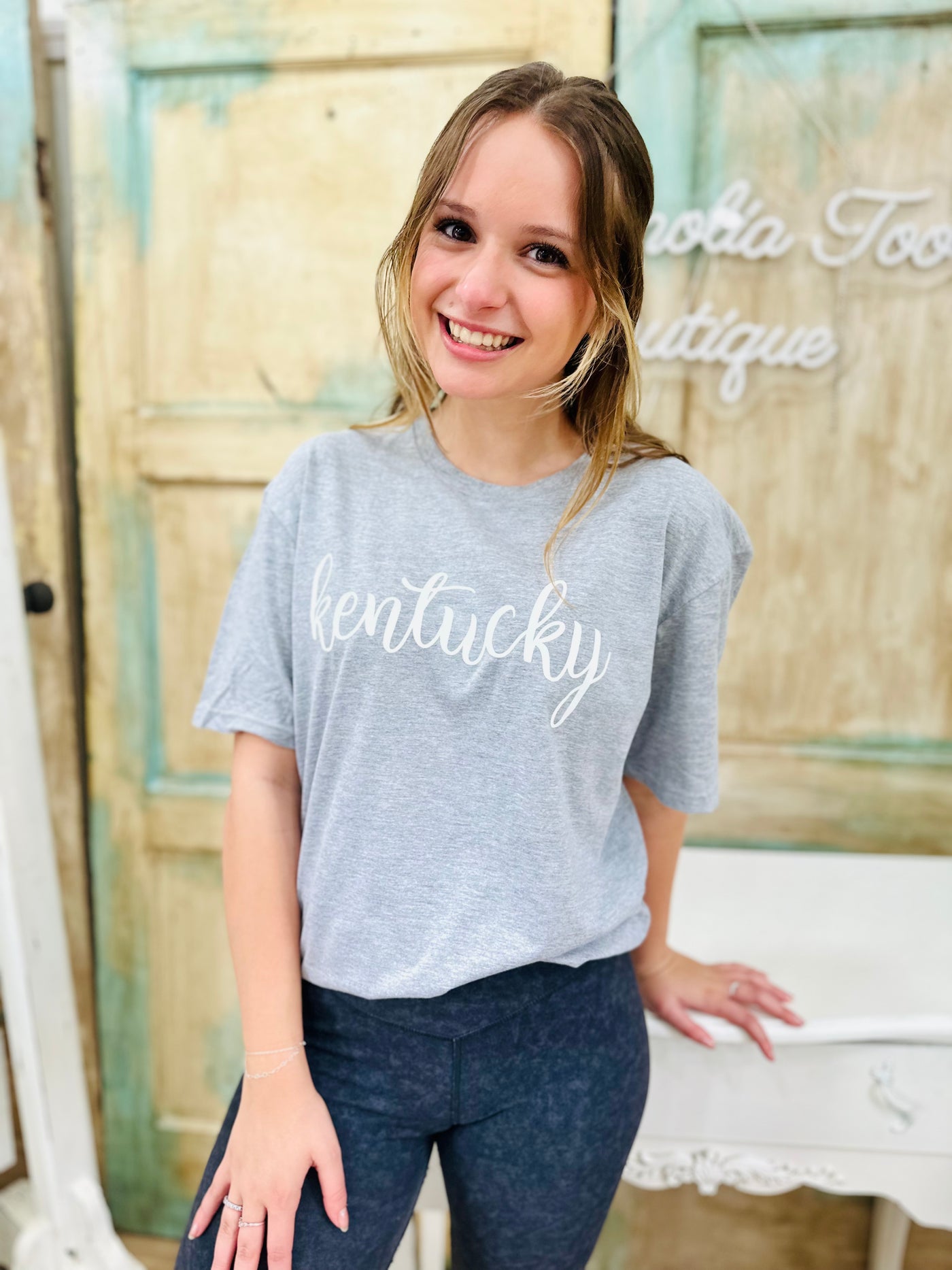 White Kentucky Script on Heather Grey T-Shirt