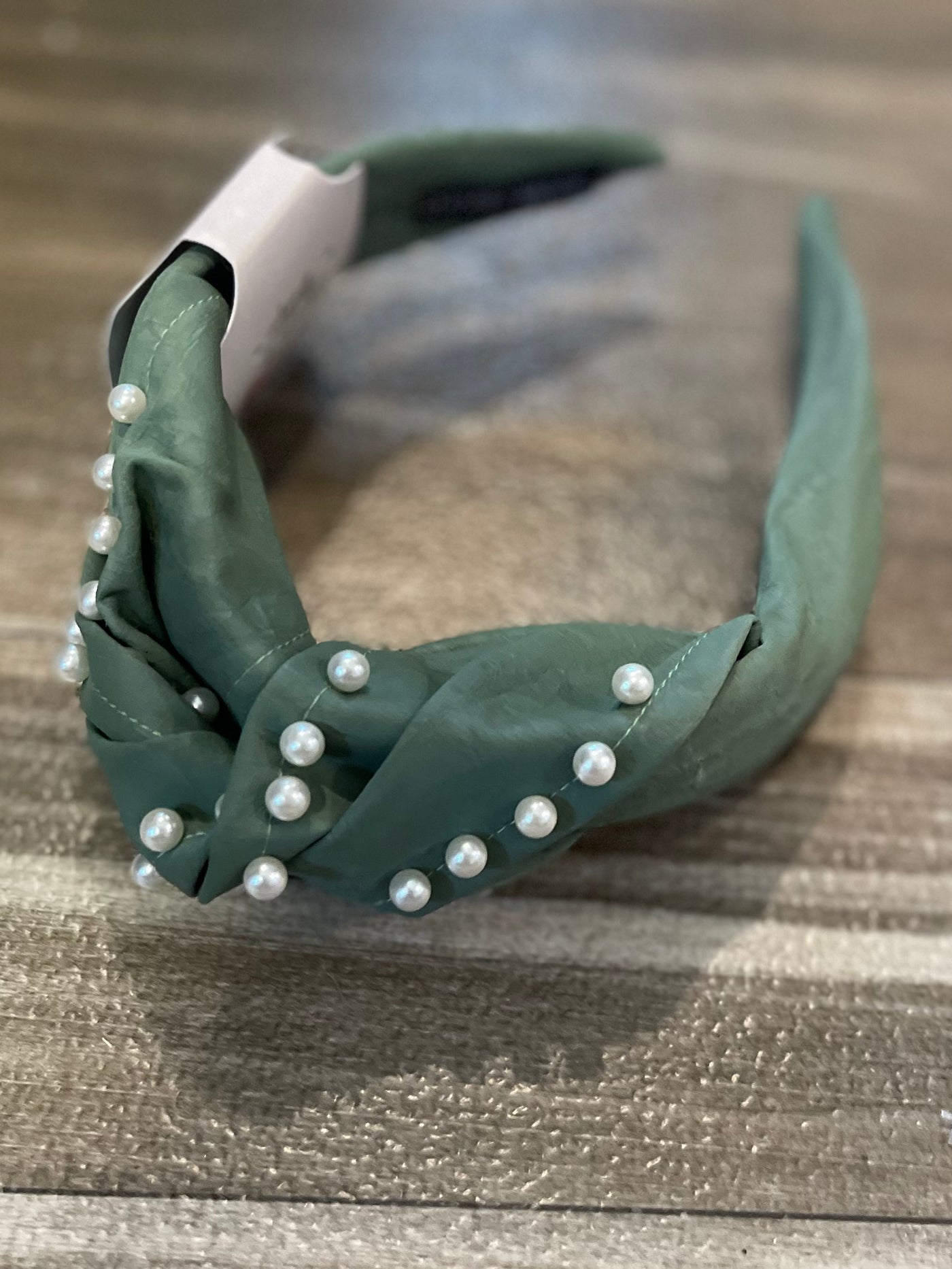 Green Leather with Pearl Accents Headband