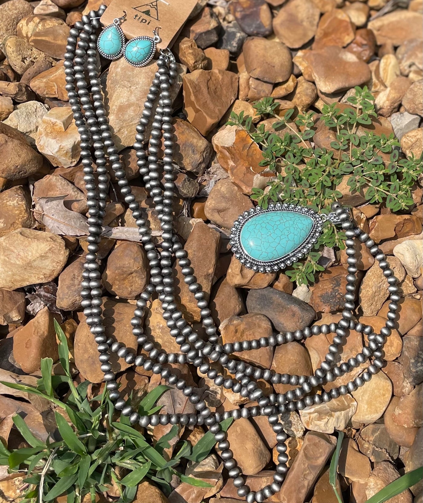 Turquoise and Smoked Silver 3 Layer Necklace Set