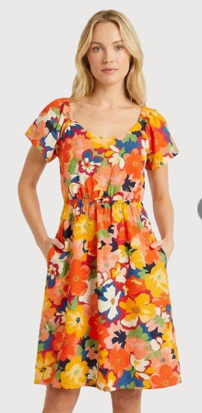 navy and yellow dress Navy/Yellow Floral Printed V-Neck Dress w/ Pockets XL
