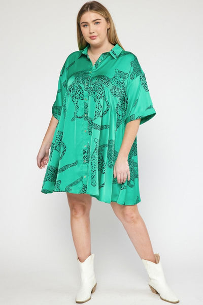 Curvy Green Satin Cheetah Print Collared Button Up Mini Dress w/ Pockets we