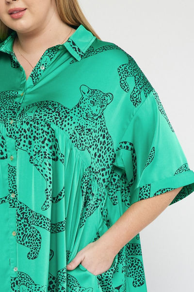 Curvy Green Satin Cheetah Print Collared Button Up Mini Dress w/ Pockets we