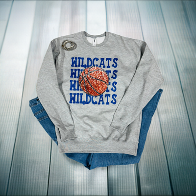 Wildcats, Faux Sequin Basketball Sweatshirt on Heather Grey