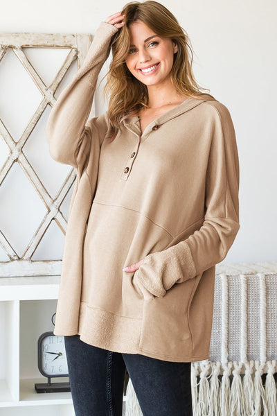 CURVY TAUPE LONG SLEEVE HOODED SOLID CONTRAST TOP Final Sale