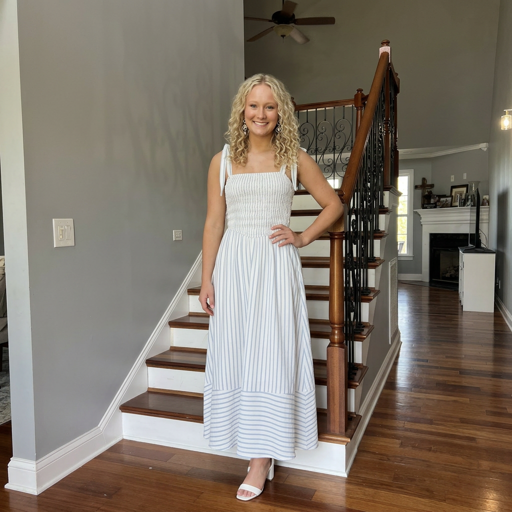 Blue Stripe Smocked Tie Strap Basque Waist Maxi Dress S