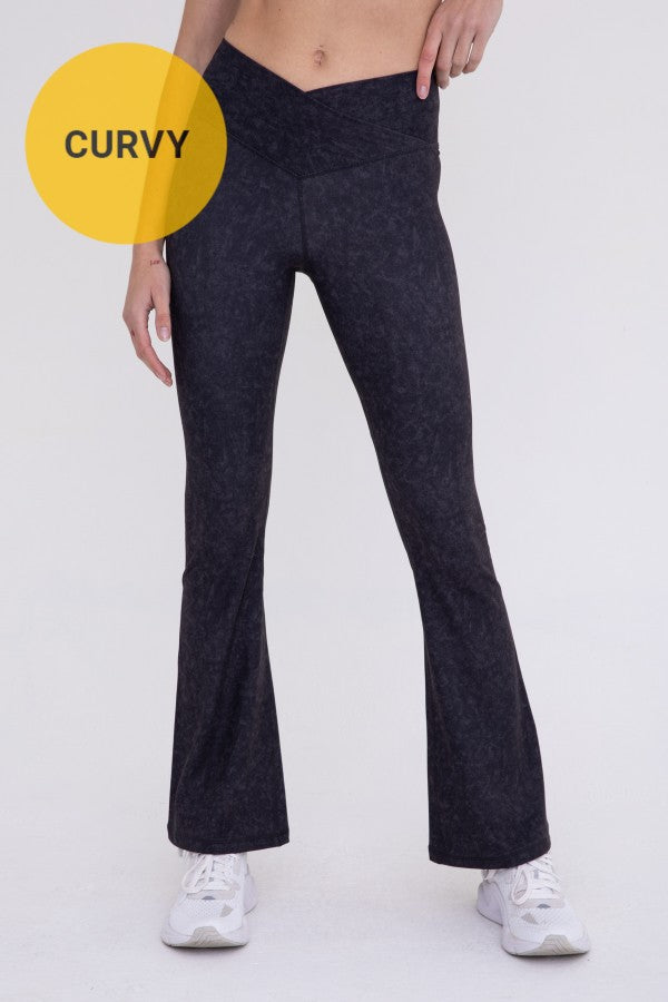 CURVY Black Muted Watercolor Brushed Crossover Flared Leggings