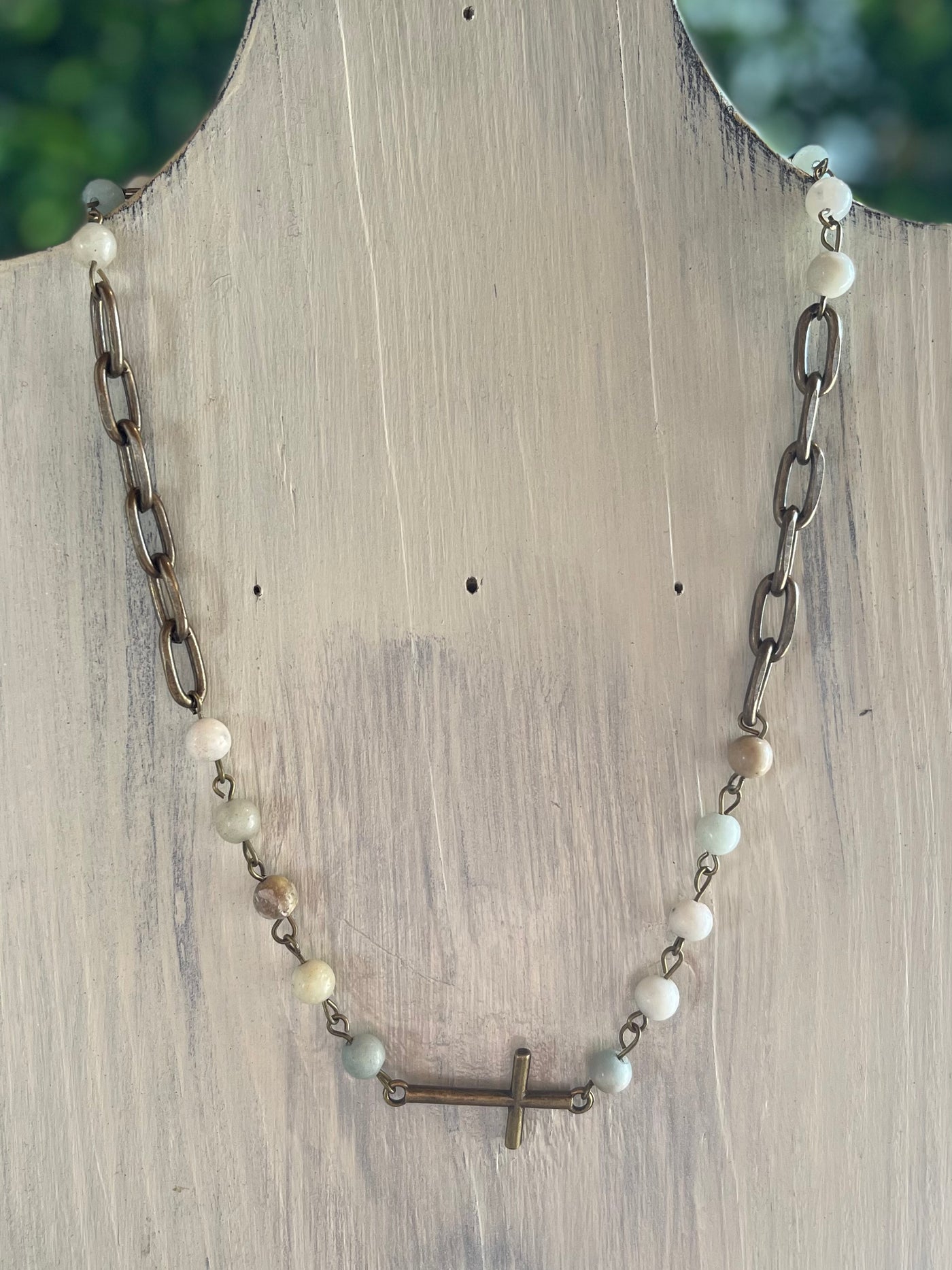 Natural Stone Necklace with Brass Cross
