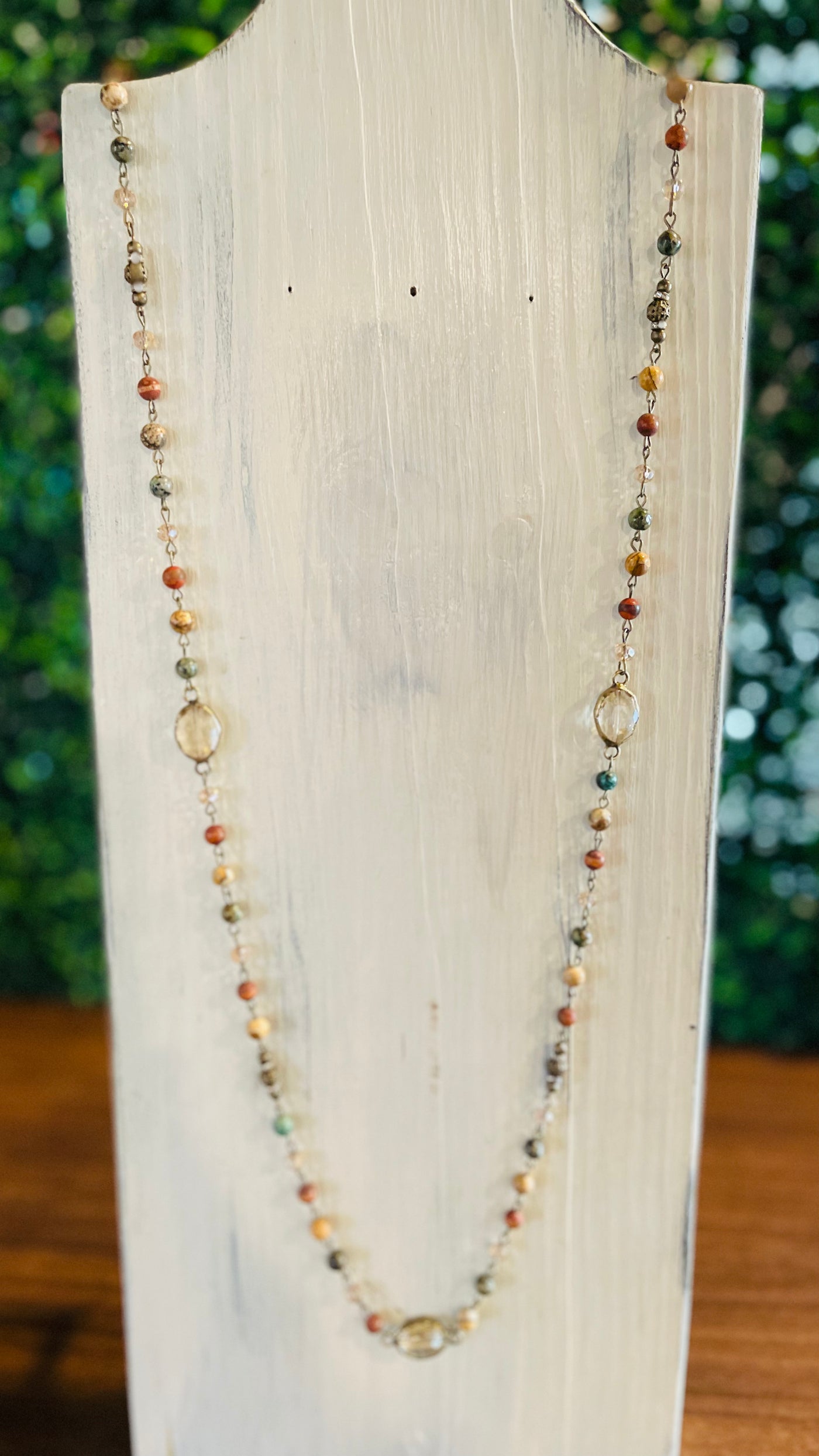 Long Natural Stone Beaded Necklace with Small Brass and Crystal Pendants