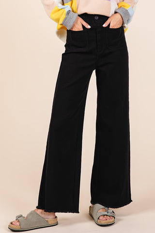 BLACK 2 POCKET DETAIL WIDE LEG HIGH WAIST PANTS