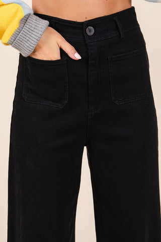 BLACK 2 POCKET DETAIL WIDE LEG HIGH WAIST PANTS
