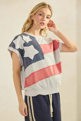H GREY AMERICAN FLAG PATCH MINERAL WASH SLEEVELESS TOP