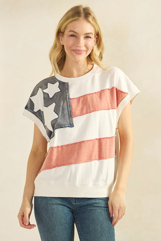 WHITE AMERICAN FLAG PATCH MINERAL WASH SLEEVELESS TOP