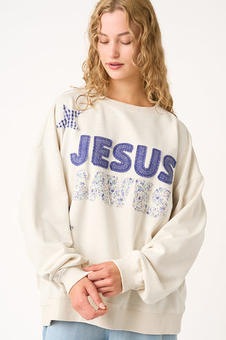 JESUS SAVES PATCHWORK CREW NECK SWEATSHIRT ON OAT