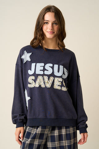 JESUS SAVES PATCHWORK CREW NECK SWEATSHIRT ON NAVY