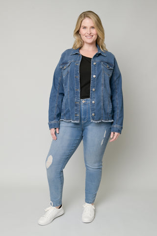 CURVY MEDIUM WASH FRAYED DENIM JACKET