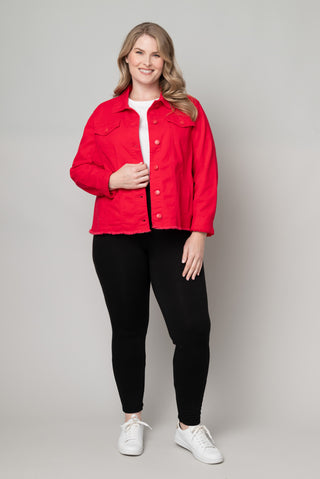 CURVY STRAWBERRY RED FRAYED DENIM JACKET