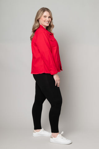 CURVY STRAWBERRY RED FRAYED DENIM JACKET
