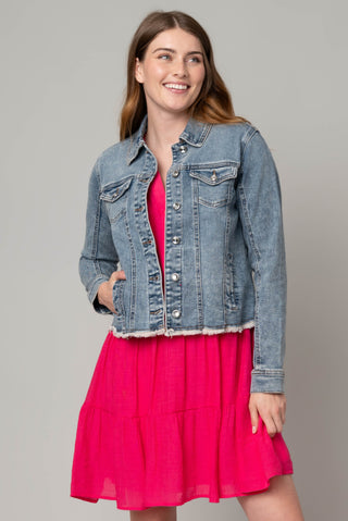 MERCEDES WASH FRAYED DENIM JACKET W/ NOVELTY BUTTONS