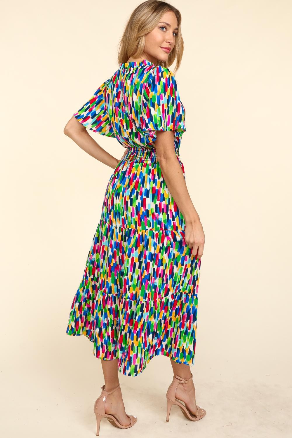 MULTI FIT AND FLARE MAXI FLORAL ABSTRACT DRESS W/ POCKETS