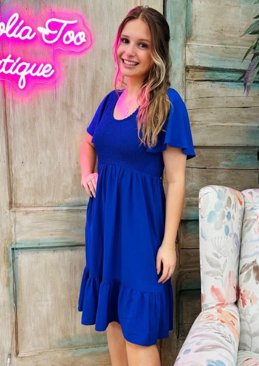 ROYAL BLUE FIT AND FLARE SOLID DRESS WITH SIDE POCKETS