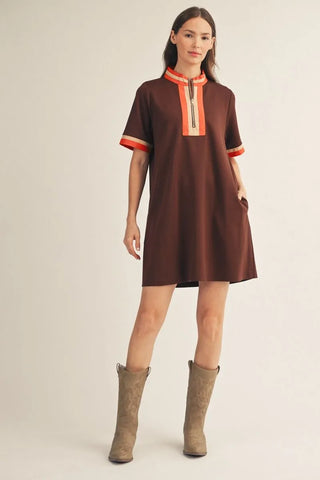 Short Sleeves Front Zip Up Casual Dress w/ Pockets