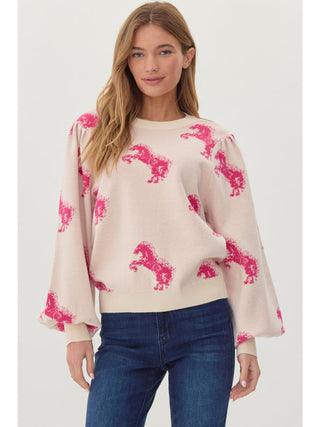 Ivory/Pink Horse Patterned Knit Top Final Sale