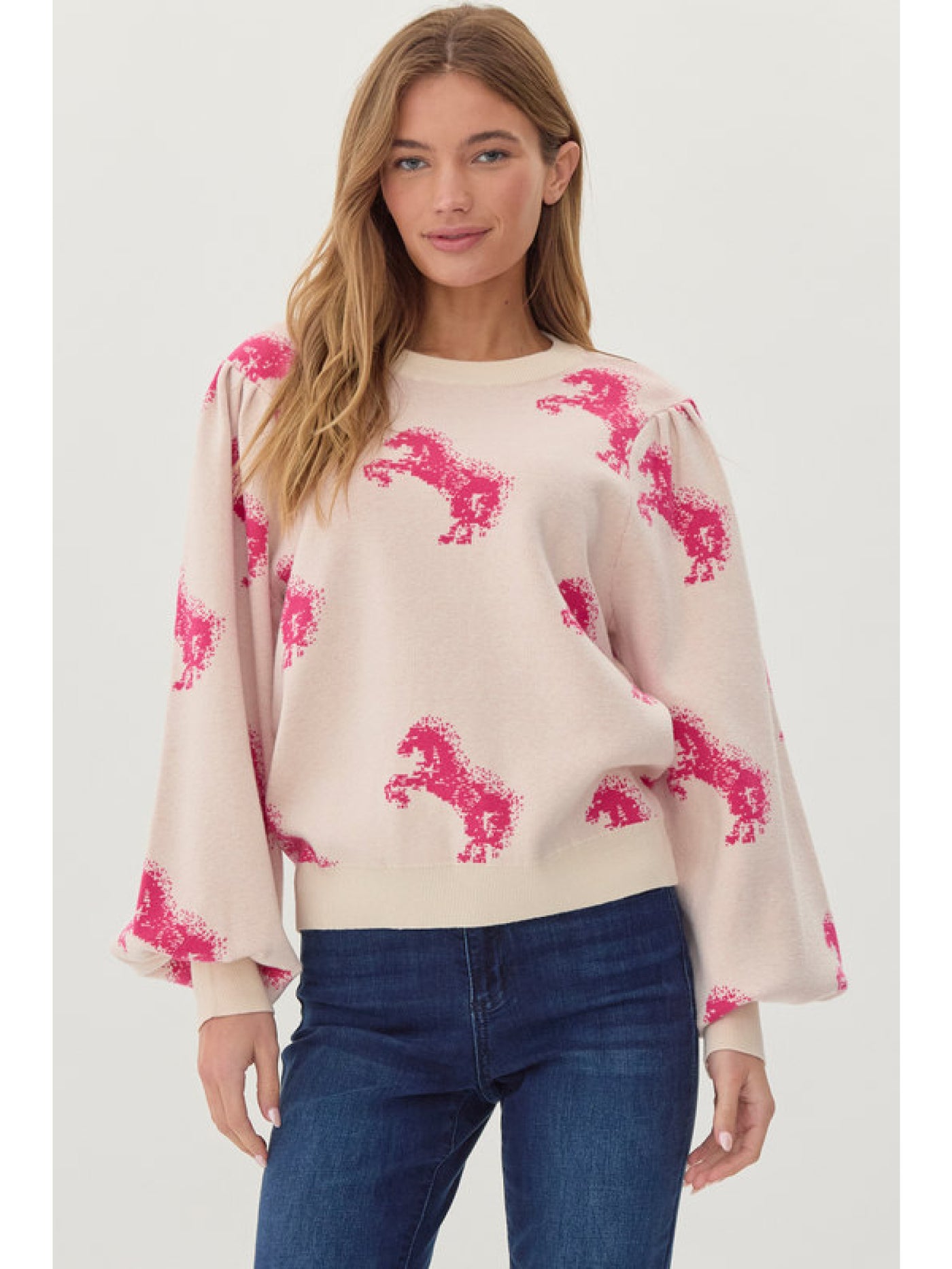 Ivory/Pink Horse Patterned Knit Top