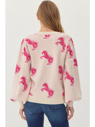 Ivory/Pink Horse Patterned Knit Top Final Sale