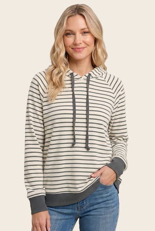 Ivory and Olive Micro Brushed Striped Hoodie Top