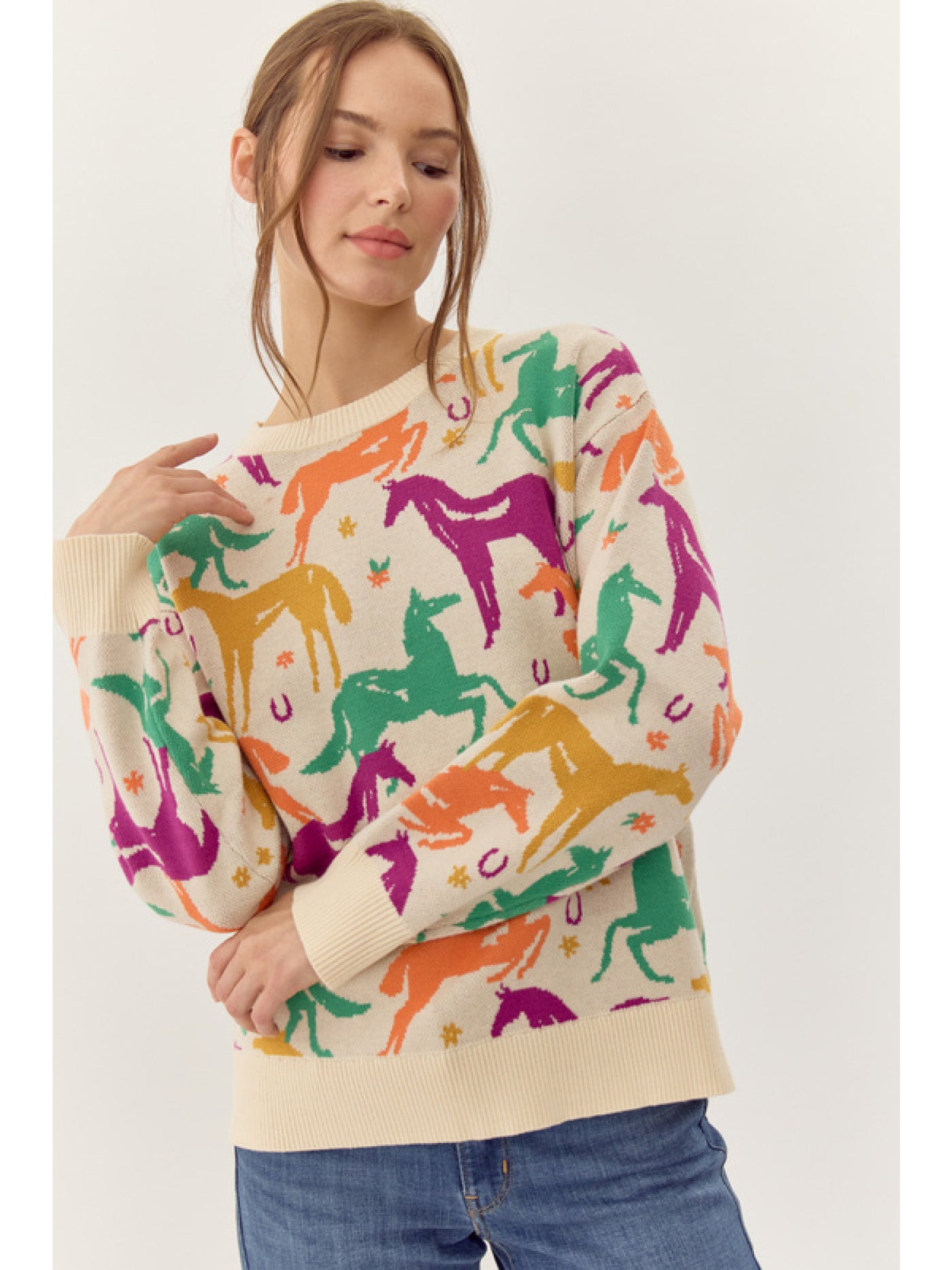 Ivory/Multi Horse Patterned Sweater