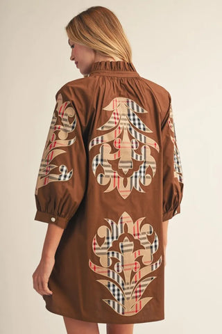 3/4 Sleeve Checkered Pattern Baroque Applique Dress w/ Pockets
