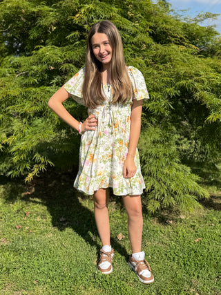 IVORY FLORAL FRONT TIE SCOOP NECK TIERED MINI DRESS FINAL SALE