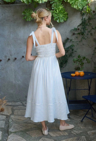 Blue Stripe Smocked Tie Strap Basque Waist Maxi Dress FINAL SALE